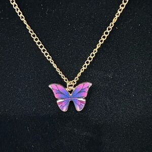 Gold Tone Necklace with Purple Butterfly Pendant